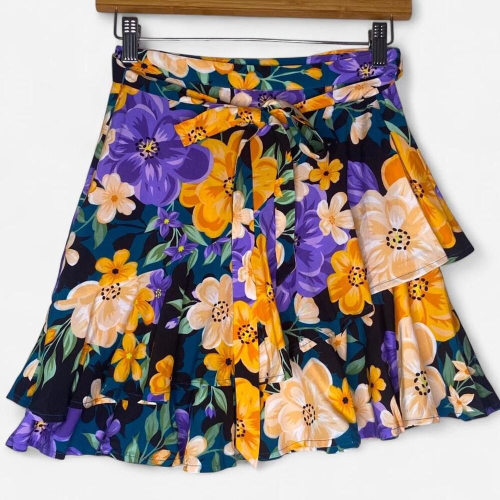 Tularosa Women's Flirty Faux Wrap Ruffle Orange Purple Black Floral Skirt